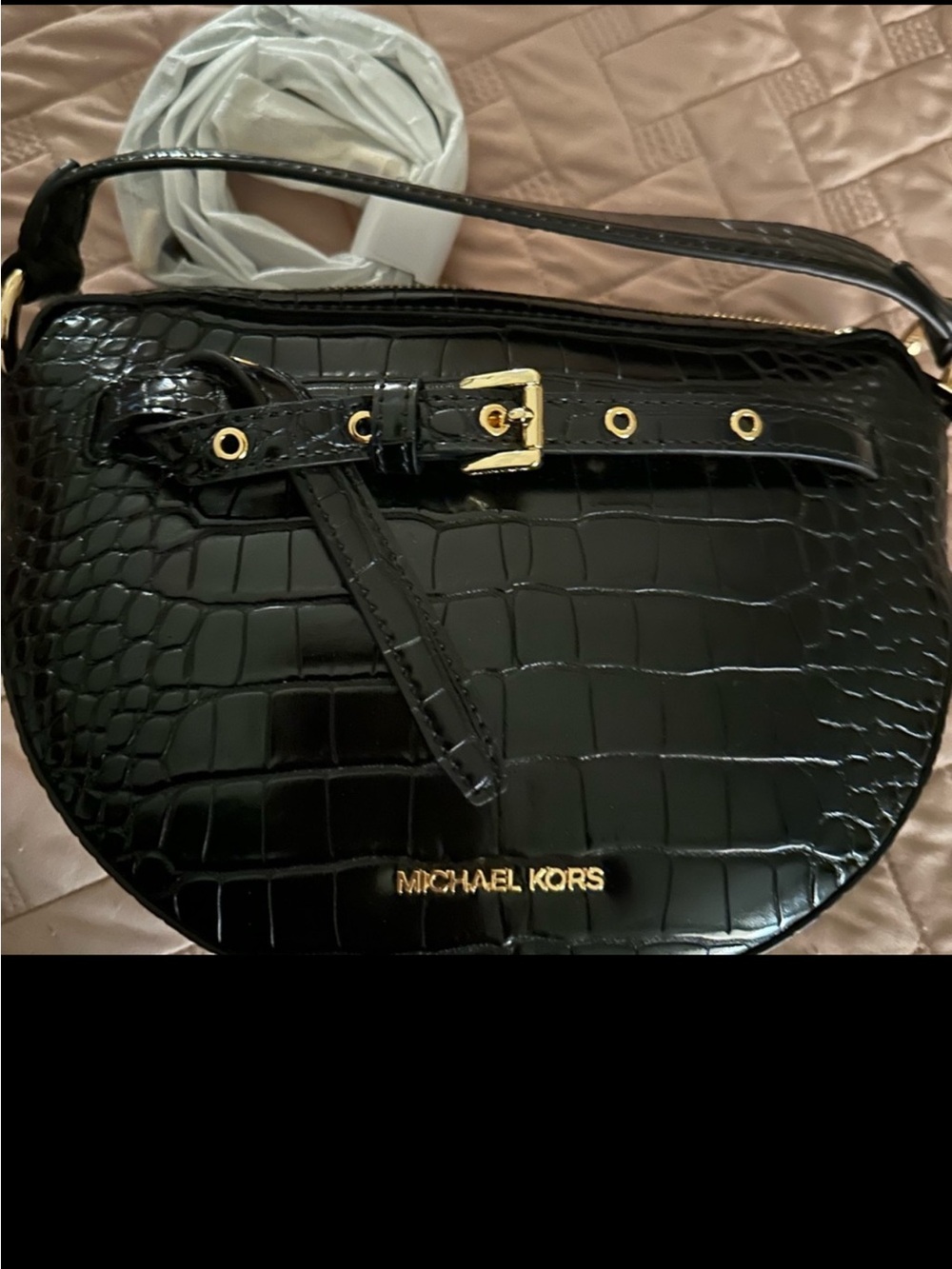 NWT MICHAEL Michael Kors Black Croc-Embossed Crossbody with Gold Hardware